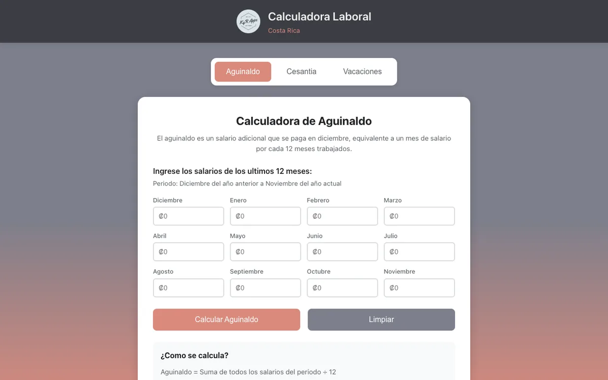 Calculadora Laboral · Aguinaldo, cesantía y vacaciones según ley de Costa Rica